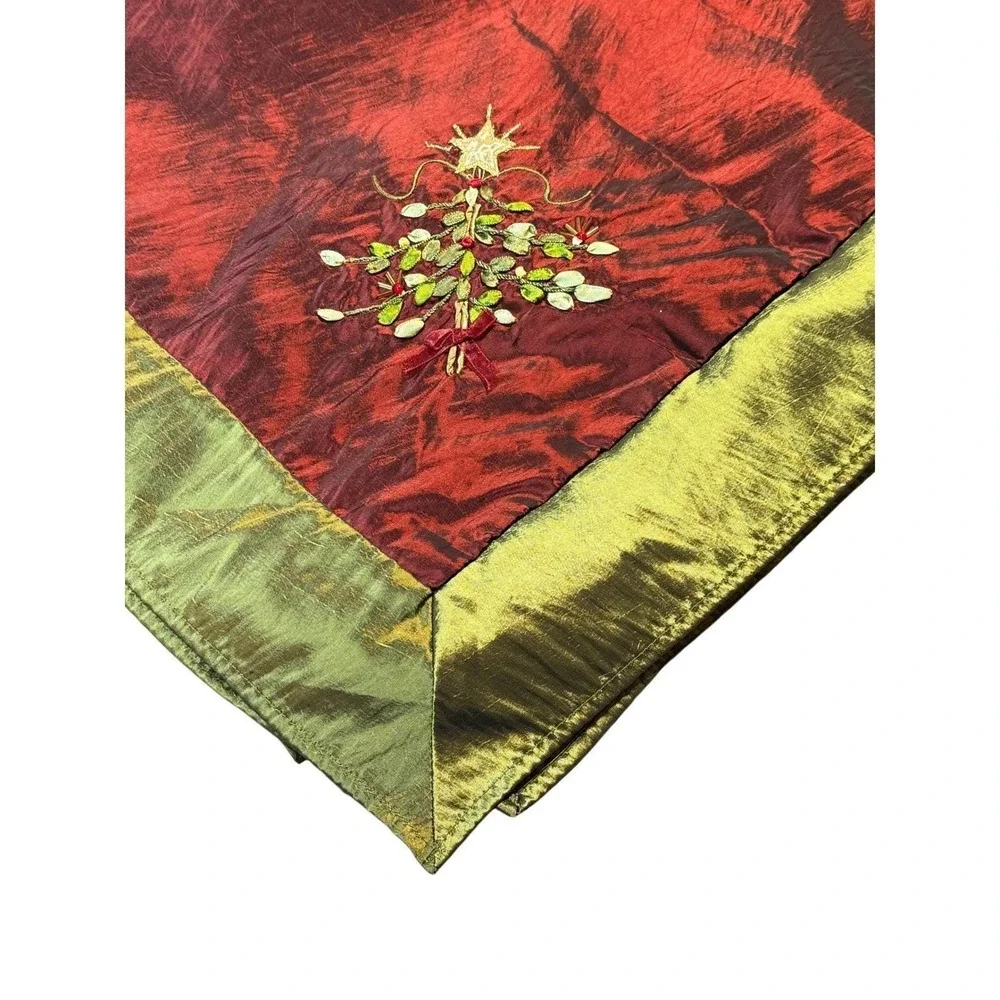 Holiday Christmas Tree Embroidered Table Cloth Shimmery‎ Silky Red Green Trim